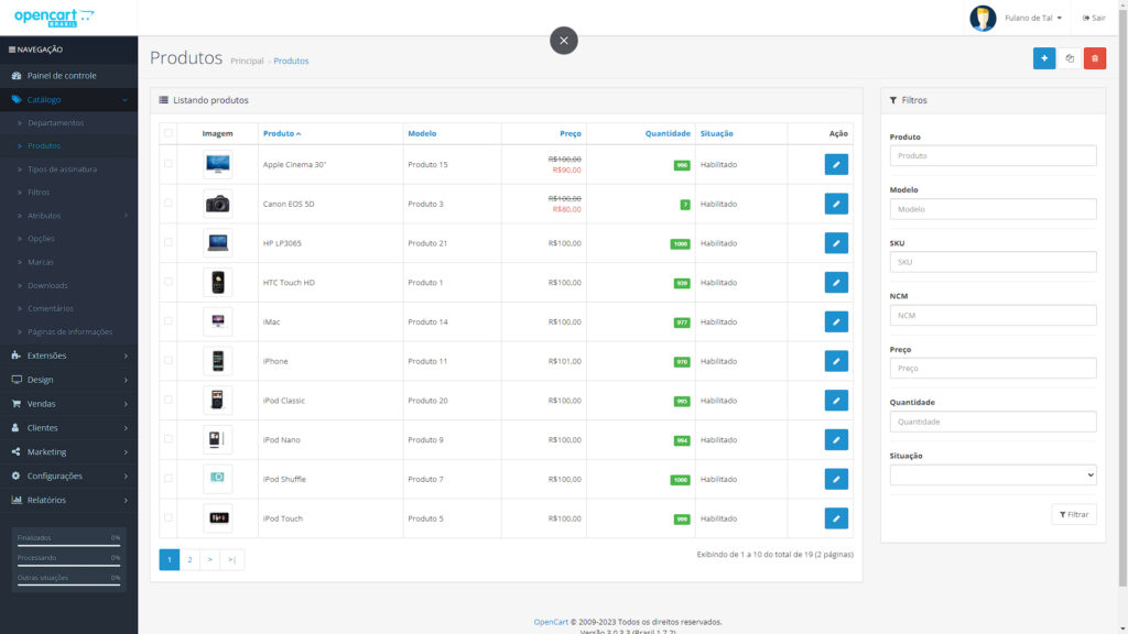 Painel administrativo opencart Catalogo, produtos...