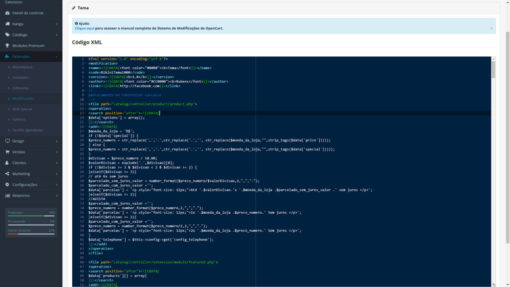 Modificações XML opencart